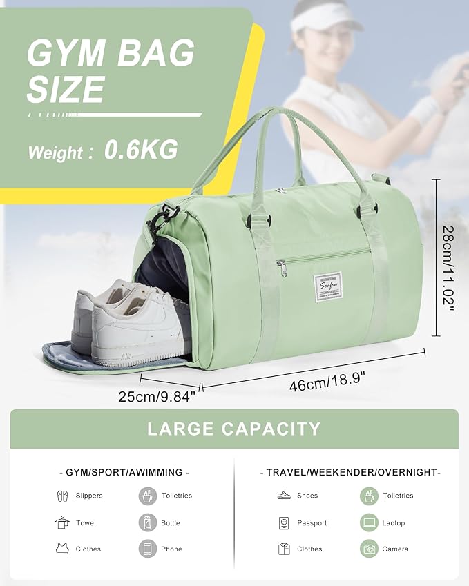 Gym Bag Womens Mens with Shoes Compartment and Wet Pocket Travel Duffel Bags for Women for Plane Sport Gym Tote Bags Swimming Yoga Small Waterproof Weekend Overnight Carry on Bag Hospital Holdalls