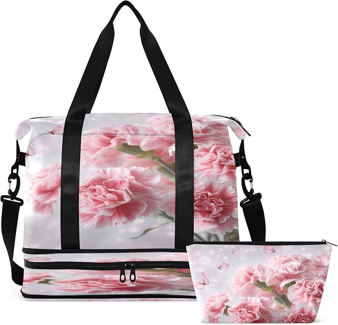 Travel Duffel Bags for Women Watercolor Pink Carnations with Butterflies Sports Duffel Bags Gym Bags with Shoes Compartment Tote Bag Weekender Bag for Travelling