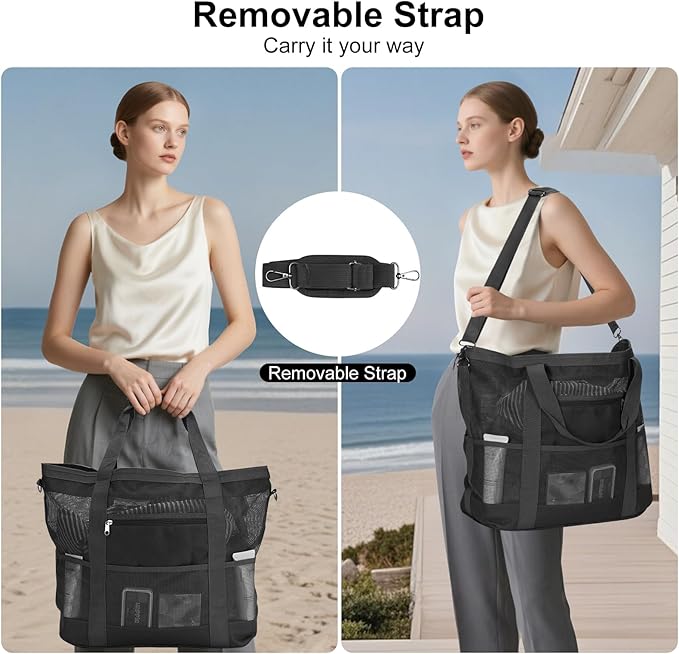 Mesh Beach Bags for Women - Family Beach Tote Bag for Toys, Towels, Travel Vacation Cruise Essentials