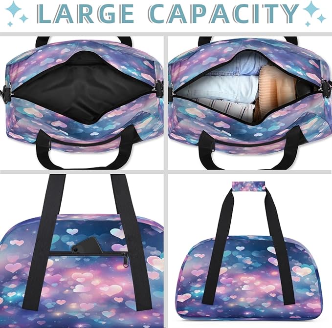 Pastel Heart Glitter Sports Duffel Bags, Water-Resistant Gym Duffle Bag for Men Women, Lightweight Weekender Overnight Bag for Fitness, Workout, Travel