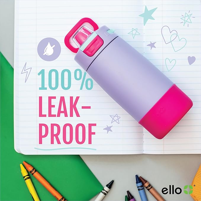 Ello Kids Colby 12oz Stainless Steel Insulated Water Bottle with Straw and Built-In Silicone Coaster Carrying Handle and Leak-Proof Locking Lid for School Backpack, Lunchbox, and Outdoor Sports