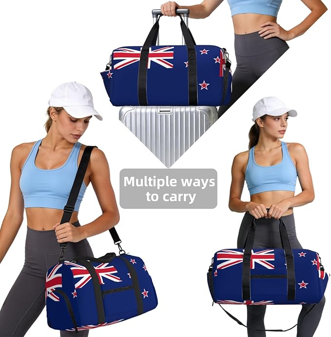 New Zealand Flag Print Gym Bag with Shoe Compartment for Women Men, 17.7in Sports Duffle Weekender Tote, Overnight Travel Duffel Bag Carry On