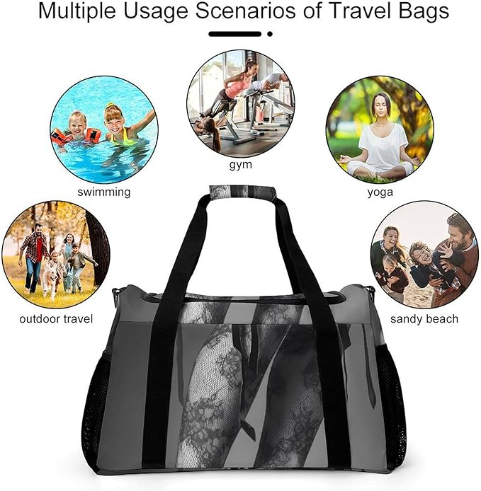 High Heels Black Lace Stockings Duffle Bag Gym Bag for Workout Travel Tote with Detachable Straps