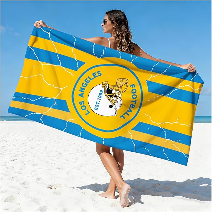 Football Fan Thin Lightweight Microfiber Beach Towel Themed Los Angeles Large Sand Free Oversized Portable Towels Men Women Gear Chargers Team Boyfriend Valentines Anniversary Gag Fun Nice Gifts