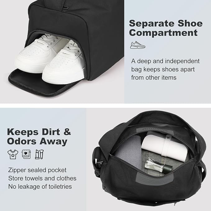 Women's Mini Gym Bag Crossbody, Everyday Sling Duffel with Shoe Compartment & Wet Pocket, Water-Resistant Travel Bag, Black