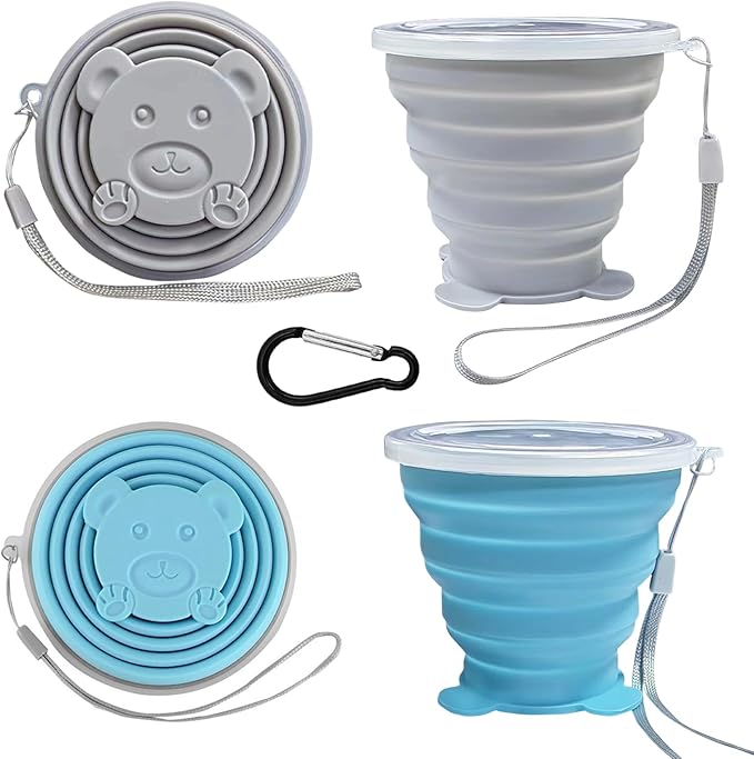 Collapsible Cups-Silicone Foldable Cup-Expandable Folding DrinkingCup Reusable Portable Mugs-Cup For Travel, Camping, Hiking, Beach, Holiday Vacation, Outdoor Sports (GreySkyBlue)