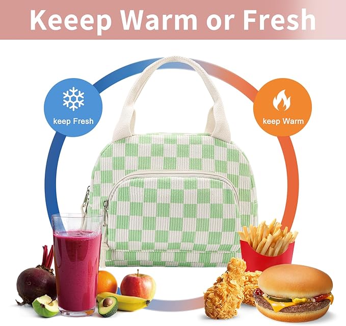 Lunch Bag Women Lunch Box for Women Adult Cute Insulated Lunch Bag Small Cooler Lunch Tote Bags for Work Picnic School (Beige-Light Green Plaid)