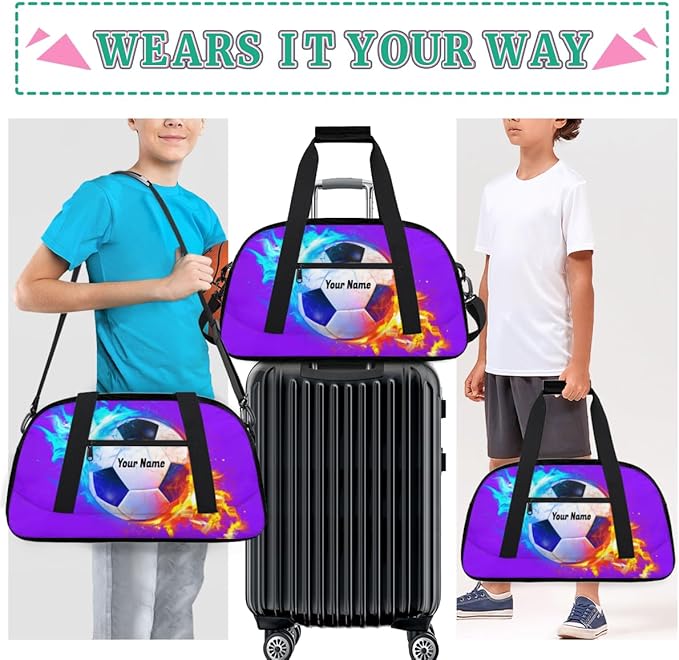 Purple Soccer Personalized Duffel Bag for Girls Boys Custom Name Sport Gym Bag Small Overnight Weekender for Traveling Gymnastic Ballet