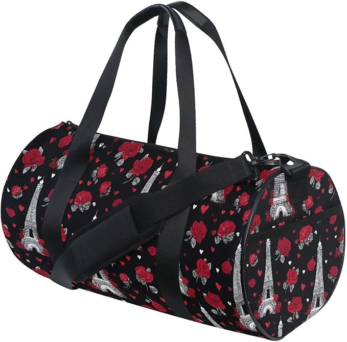 MNSRUU Sports Duffel Bags, Eiffel Tower Rose Athletic Gym Bag Overnight Workout Travel Tote Luggage for Men Women Yoga
