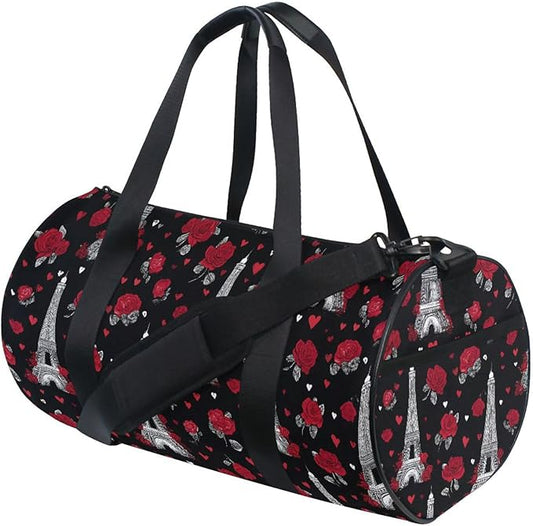 MNSRUU Sports Duffel Bags, Eiffel Tower Rose Athletic Gym Bag Overnight Workout Travel Tote Luggage for Men Women Yoga