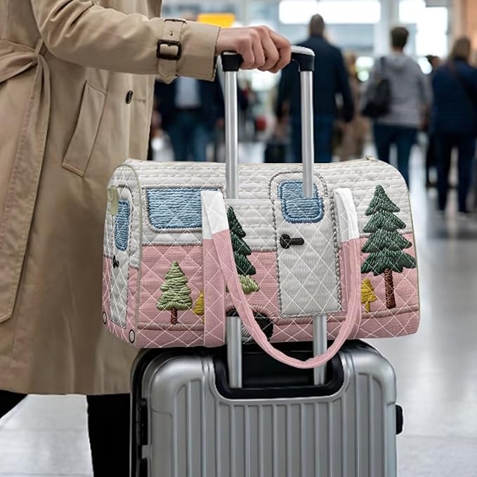 COEQINE Pink Sports Duffel Bags for Women Gym Funny Quilted Tote Bag Large Car Printed Weekender Carry On Camper Van Style Backpack for Overnight Luggage with Trolley Sleeve
