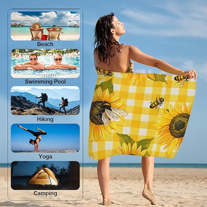 Sunflower Bee Summer Beach Towel, Large Microfiber Quick Dry Lightweight Pool Bath Towels Sand Free Beach Blanket for Summer Cruise Yoga Camping Travel Vacation Essentials 31 x 61 in