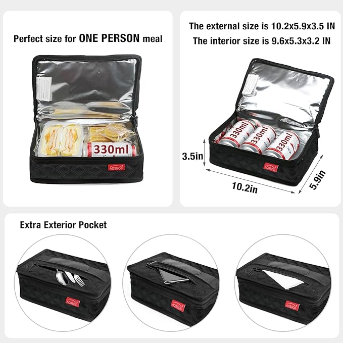 Aosbos Small Insulated Lunch Bag - Compact Lunch Box for Portion Control, Work & Office, Black Quilted