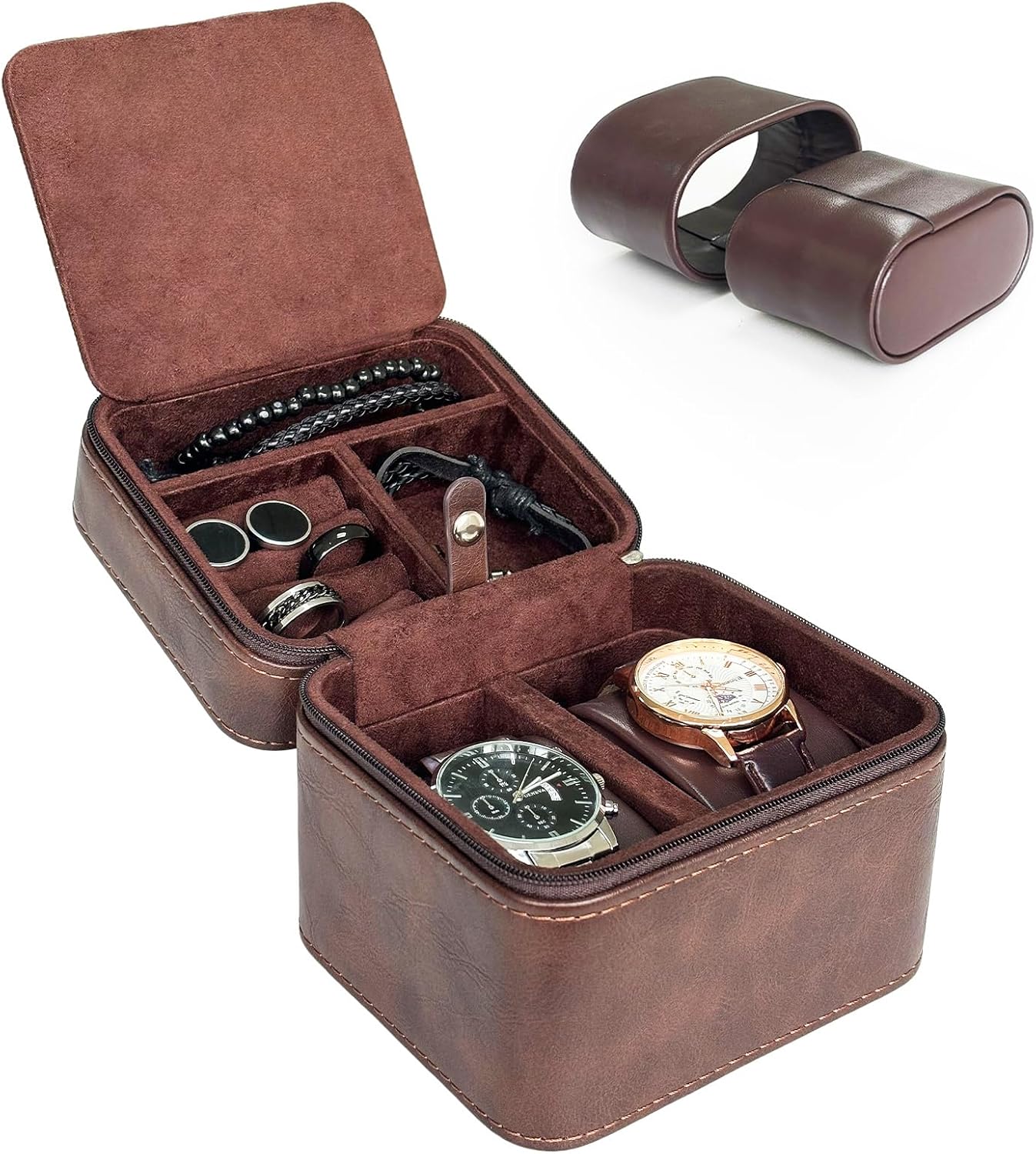 TSA-Friendly 2 Slot Watch Travel Case for Men, (Fits 7-8" Wrists) Carry-On Ready with Removable Pillows & Airplane Protection, Leather Jewelry Organizer for Wristwatches, Rings, Cufflinks (Brown)