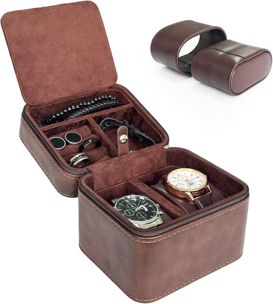 TSA-Friendly 2 Slot Watch Travel Case for Men, (Fits 7-8" Wrists) Carry-On Ready with Removable Pillows & Airplane Protection, Leather Jewelry Organizer for Wristwatches, Rings, Cufflinks (Brown)