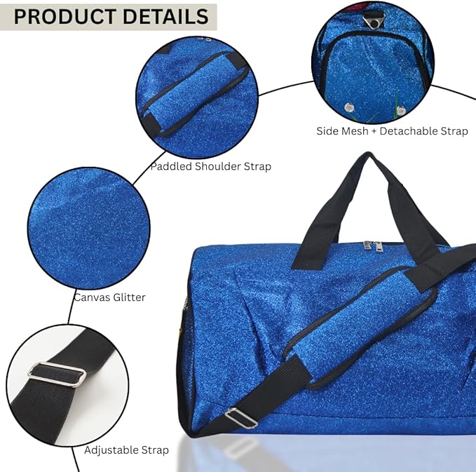 NGIL Glitter Cheers Sports Gym Duffel with Shoe Compartment and Small Carry on Travel Tote Bags for Women, Gym bag, Overnight bags for Women, Cheer Bag (Glitter-Royal)