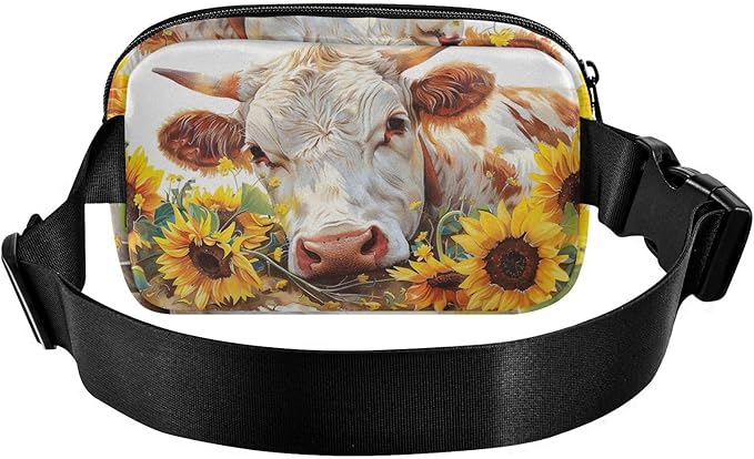 Kawaii Cow Sunflower Fanny Pack for Women Men Water Resistant Fashion Waist Packs with Adjustable Strap Belt Bag for Travel Workout Jogging Hiking 21220225