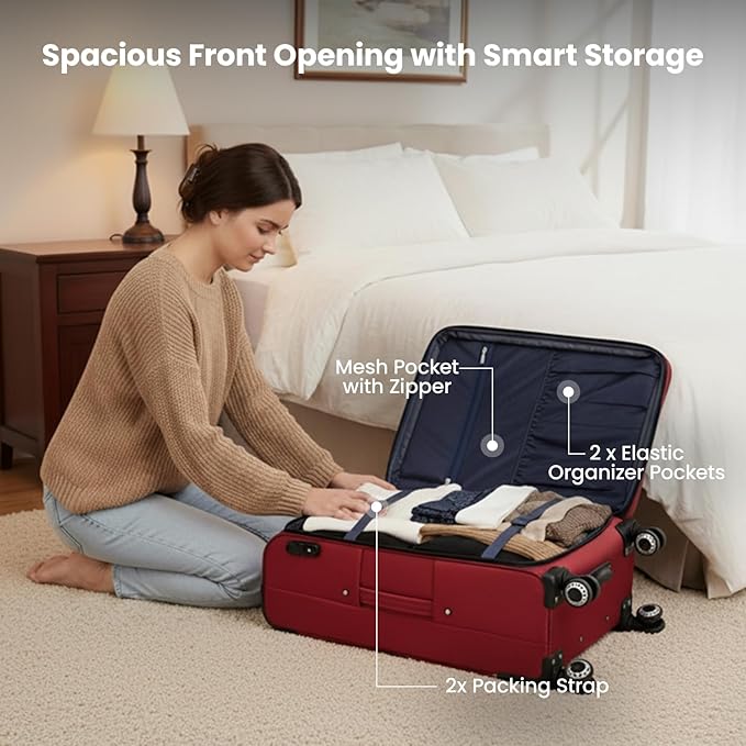 Softside Luggage Sets 2 Piece,Expandable 15% Lightweight Durable Suitcase Sets Double Spinner Wheels w/Combination LOCK （Red,20in/26in）