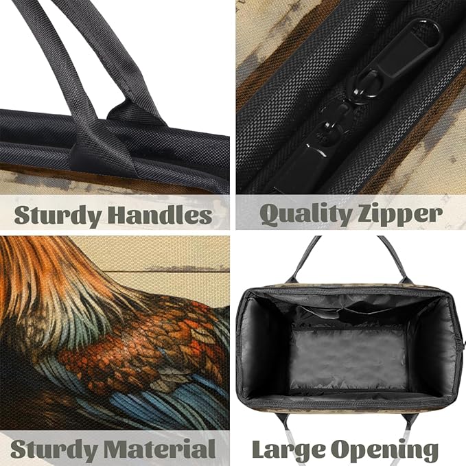 Multipurpose Duffle Bag, Waterproof Carry On Bag with Spacious Design, Retro Rooster Gym Bags, 15.2x8.3x11.6in