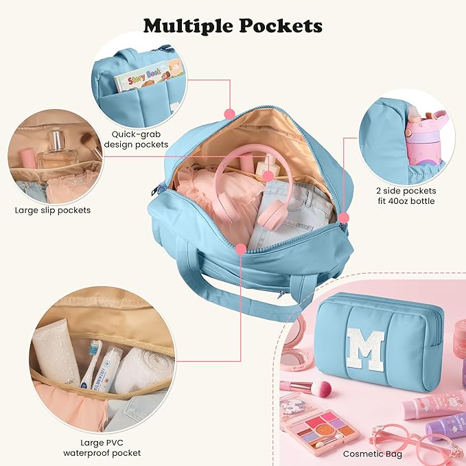 Gifts for Women Birthday Unique-Duffle Bag, Weekender Bags for Girl，Gifts for Teen Girls 16-18-Initial Overnight Bag with Wet Pocket， Dance Bags Personalized Gymnastics bag with Makeup Pouch