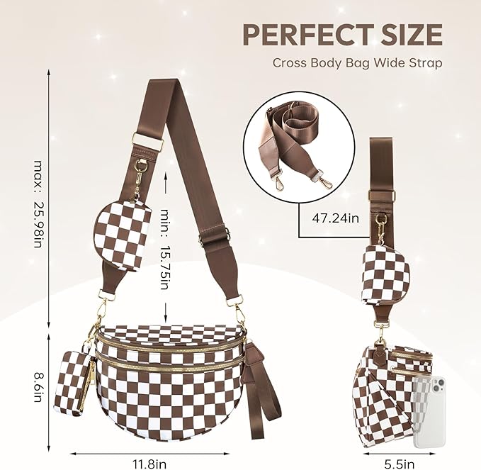 Cross Body Bag for Women Checkered Crossbody Bags Bum Bags for Women Fanny Packs for Girls Small Nylon Checkered Purse Trendy Shoulder Bag (Checkered White Brown, One Size)