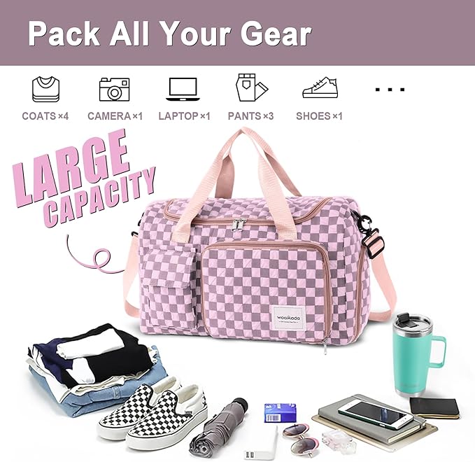 WOOMADA Foldable Travel Duffel Bag with Shoes Compartment, Overnight Bag with Wet Pocket & Trolley Sleeve, Weekender Bags for Women (pink checkerboard)