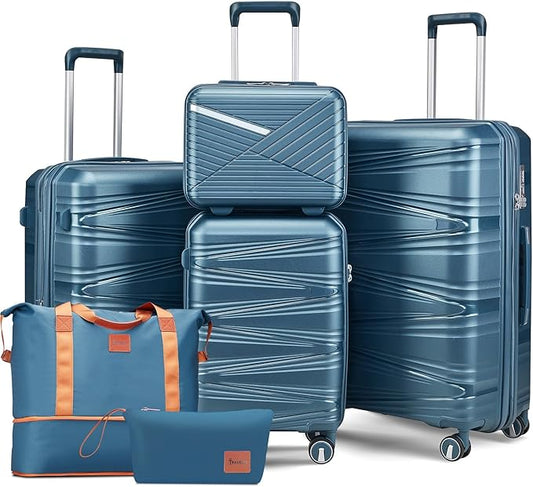 6 Piece Luggage Set Hardshell, Expandable Suitcase Set with Spinner Wheels (20/24/28), Includes 14" Cosmetic Case, Travel Duffel & Toiletry Bag, Lightweight TSA Lock Nested Set (Peacock Blue)