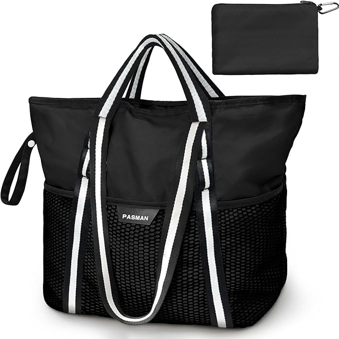 Large Beach Bag with Zipper-8 Pockets Sandproof Beach Tote Bag for Women,Foldable Lightweight Family Swim Bag Vacation