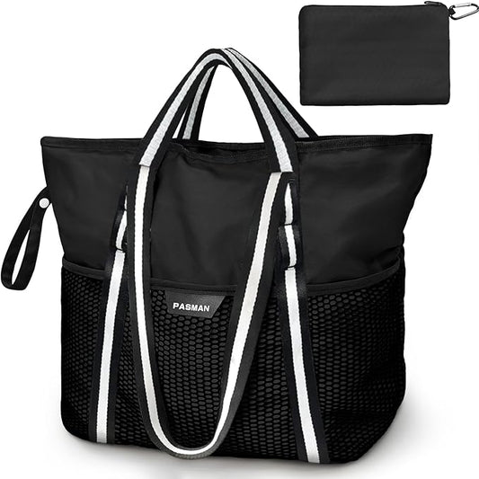 Large Beach Bag with Zipper-8 Pockets Sandproof Beach Tote Bag for Women,Foldable Lightweight Family Swim Bag Vacation
