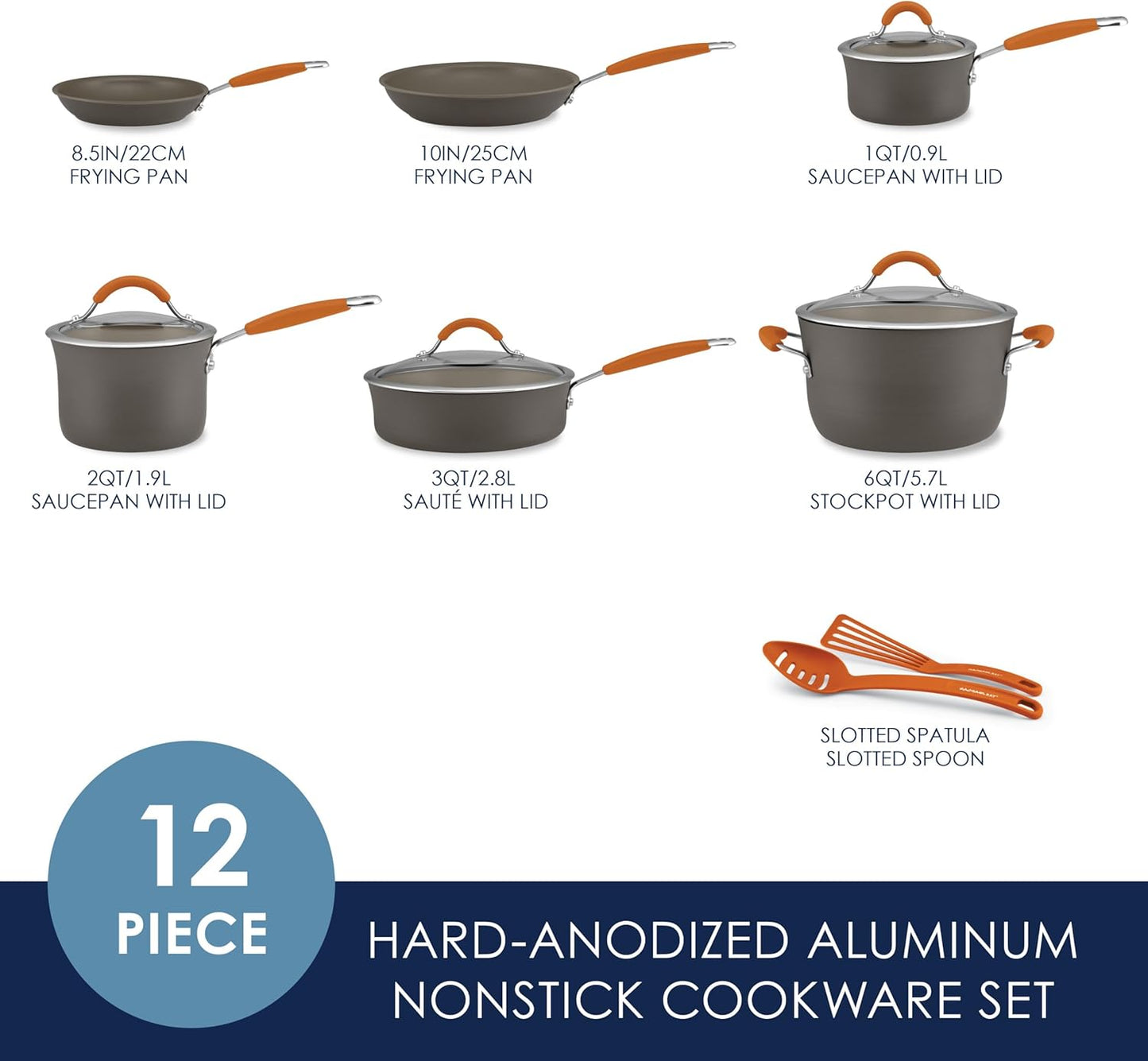 Rachael Ray Cucina Dishwasher Safe Hard Anodized Nonstick Cookware Pots and Pans Set, 12 Piece, Gray with Orange Handles