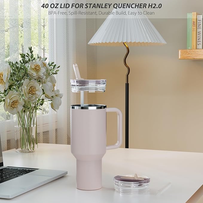 2 Pack Flip Straw Lid for Stanley 40 oz Quencher H2.0 & ProTour (Rose Quartz)
