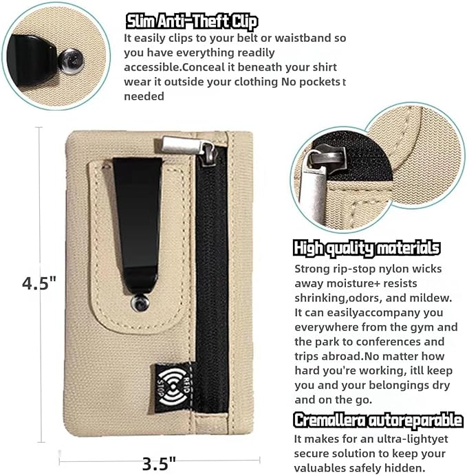 RFID Hidden Clip Stash Money Belt - Ultra Thin Anti-Theft Travel Pouch with Credit Card Slots for Women/Men, Perfect for International Travel, Daily Commute & Outdoor Activities (Khaki)