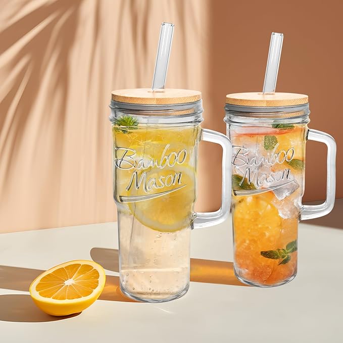ANOTION Glass Cups with Lids and Straws - 24 oz Tumbler with Handle Christmas Coffee Cups Glass Straws Mason Jar Cups Drinking Set Kitchen Essentials Coffee Bar House Warming Gifts New Home