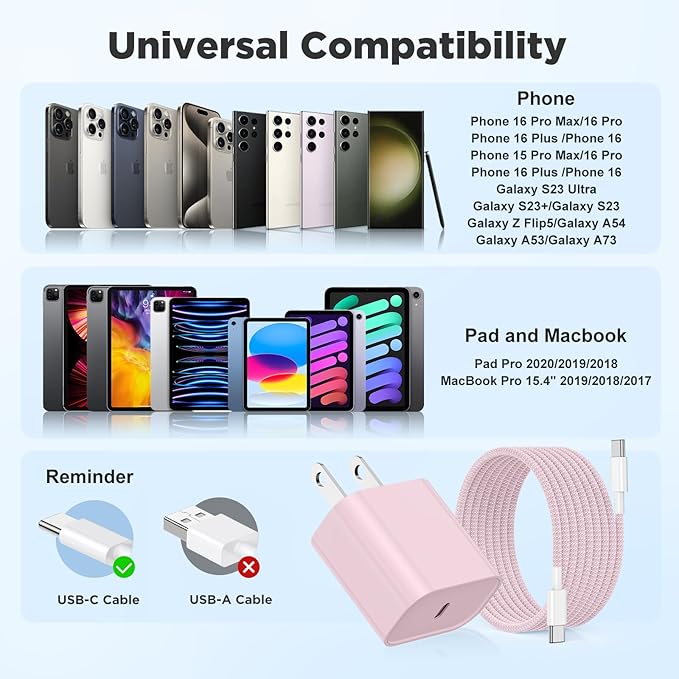 Fast Charging for iPhone 15 16 Pro Max Charger Colorful, 3Pack 20W USB C Fast Chargers Block with 6/6/10ft Long USB C to C Braided Cable Compatible with iPhone 16/15 Pro/15 Plus/iPad Pro 13/12.9,Pink