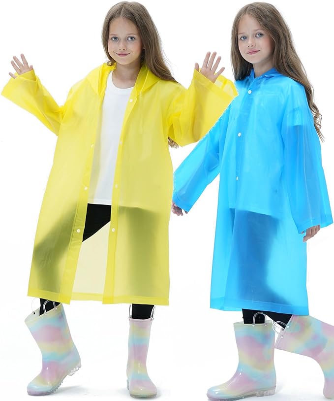 2 Pack Reusable Waterproof Raincoat EVA Emergency Rain Ponchos One Size Rain Jacket for Children, Boys and Girls