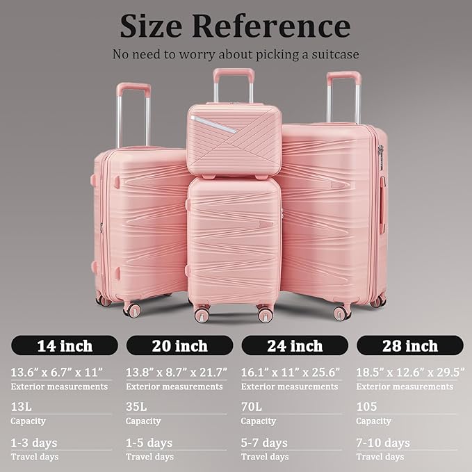 4 Piece Luggage Set PP Hardshell, Expandable Suitcase Set (20/24/28) with 14" Cosmetic Case, Lightweight Spinner Wheels with TSA Lock, Detachable Wheels for Nesting Storage (Pink)
