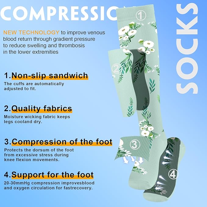 bropite Flora Compression Socks for Women & Men-Knee high 6 Pairs 20-30mmhg Support Running Nurse Travel