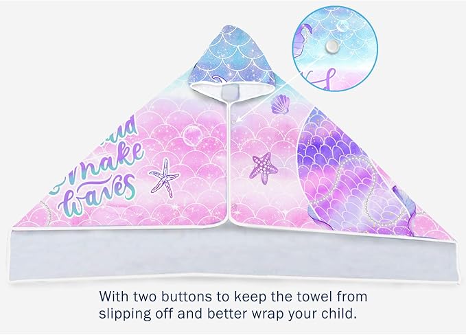 Bonsai Tree Mermaid Kids Beach Towel with Hood, Mermaid Tail Microfiber Hooded Poncho Towel for Girls 30”x50”, Mermaid Scales Pink Soft Absorbent Bath Towels Bathrobe for Swin Pool