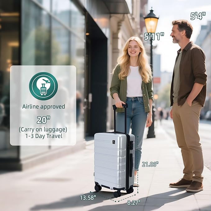 Carry on Luggage, PC Hard Shell Suitcase 22x14x9 Airline Approved TSA Lock YKK Zippered Double Spinner Wheels Lightweight Suitable for Men and Women, 20 Inch Silver