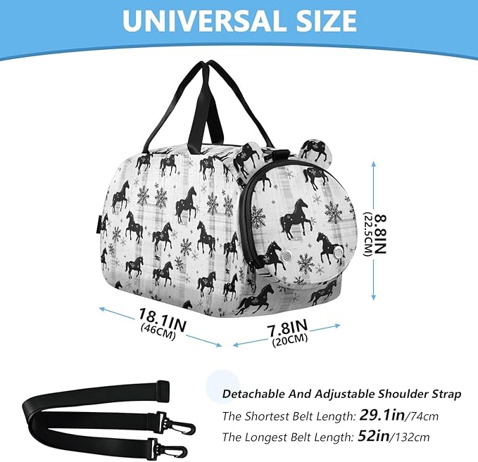Black Horse Buffalo Plaid Snowflakes Girl's Gym Duffel Bag with Shoes Compartment Lightweight Carry on Luggage for School Practice, Sports, Travel bolsa para hombre