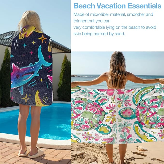 2 Pack Shark Sea Turtle Boho Floral Turtle Beach Towel Microfiber Lightweight Quick Dry Oversized Swim Towels Beach Accessories Cruise Vacation Necessities for Pool Camping Travel 32x71 inch