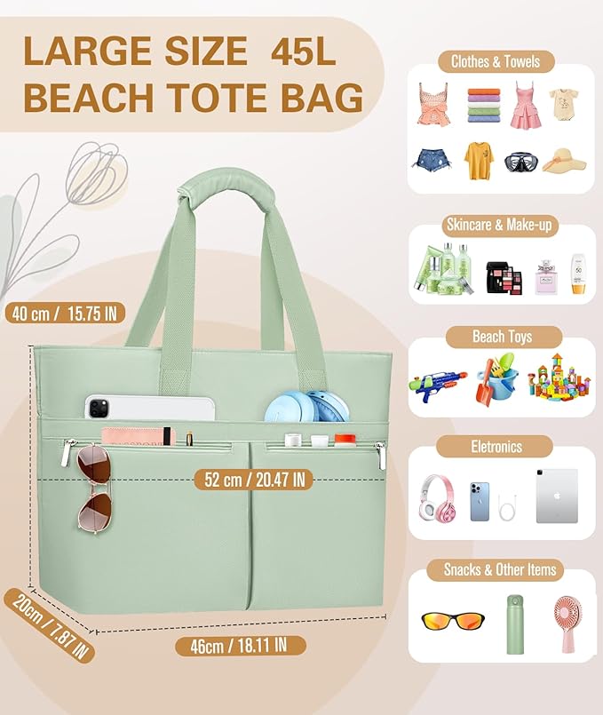 HUANLANG Large Beach Bags for Women Pool Bag with Zipper, Waterproof Sandproof Beach Tote Travel Bag with Wet Pocket | Waterproof, Large capacity, Dry/wet separation, Durable fabric, Cooling function, sandproof