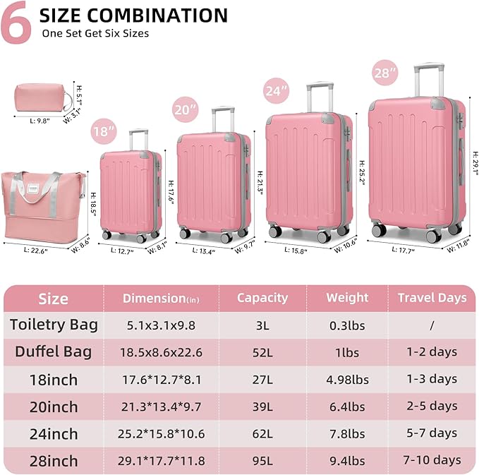 LARVENDER Luggage Sets 6 Piece Hardshell Expandable Suitcases with Spinner Wheels TSA Lock, Lightweight ABS Travel Carry On Luggage Set for Women, Pink Grey