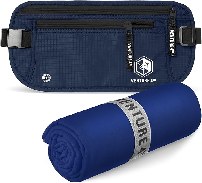 VENTURE 4TH Travel Money Belt & Quick Dry Towel Set - Ideal for Vacations, Backpacking & Business Trips - XL Travel Towel