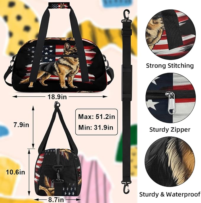 Kids Duffle Bag Girls Boys American Flag Shepherd Dog On Black Weekender Overnight Bag,Lightweight Duffel Bags for Traveling Gym Sport Dance