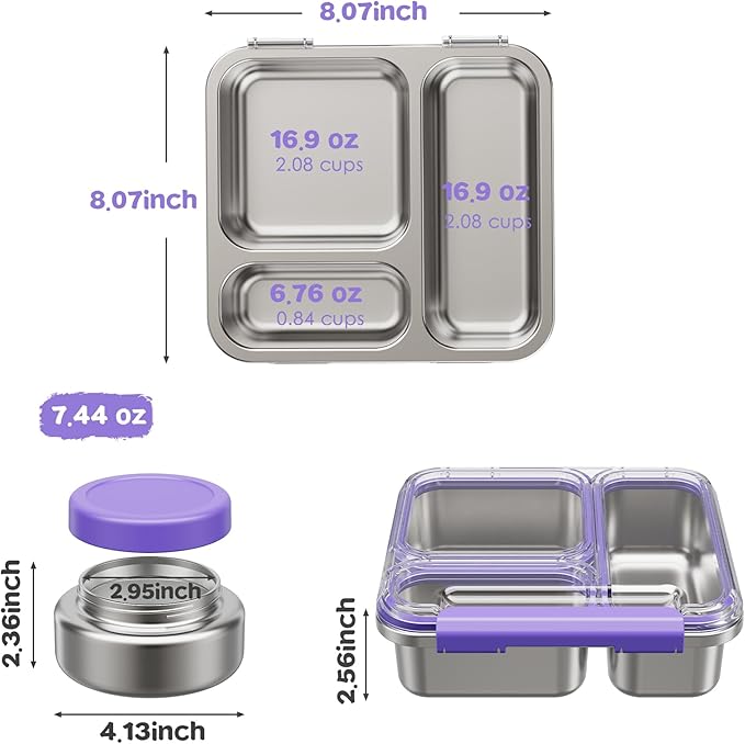 Stainless Steel Bento Box Kids Adult with 7oz Insulated Food Jar, Transparent Lid Metal Lunch Box With Soup Thermal Jar, Lunch Box Container with Removable Divider & Sauce Cup School (Purple)
