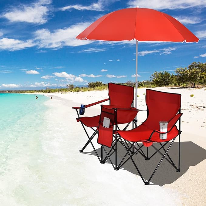 KOTEK Double Camping Chair, Folding Camp Chair with Removable Umbrella, Cup Holders, Cooler Bag, Side Pocket & Carry Bag, 2-Person Beach Chair for Outdoor, Sports, Concerts, Travel, Picnic (Red)
