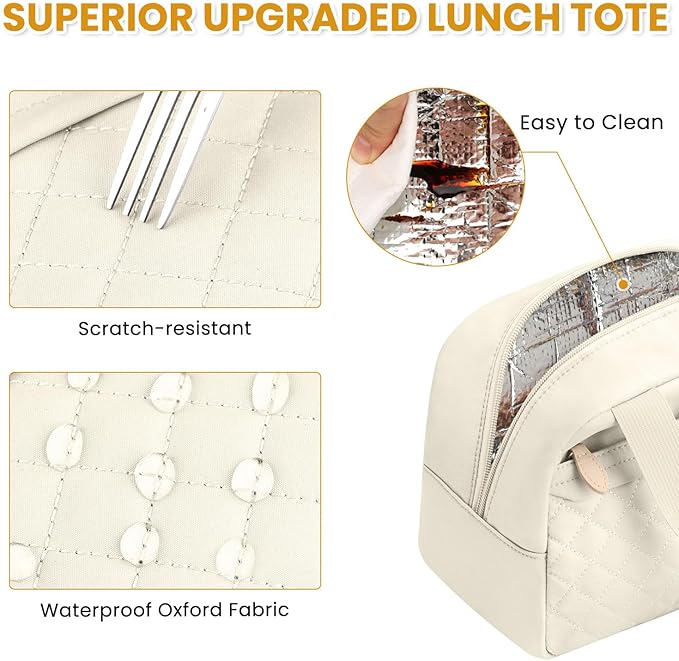 Insulated Lunch Bag for Women, Portable Lightweight Lunch Box for Adults, Reusable Small Lunch Tote Cooler Bags with Front Zipper Pocket for Work School Picnic(Beige)