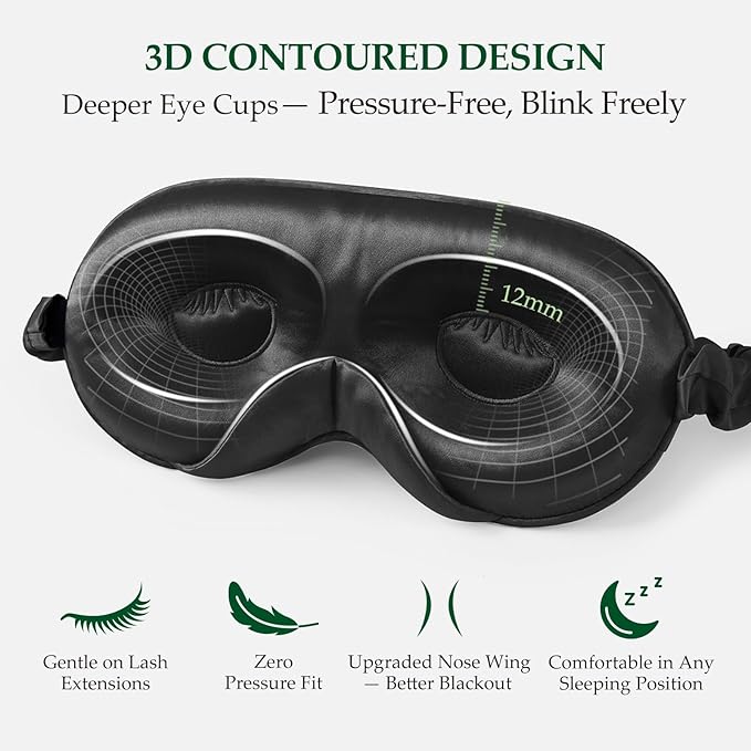 100% 22 Momme Mulberry Silk Sleep Mask with Adjustable Strap, 3D Contoured Cup Silk Eye Mask for Sleeping, Total Black Out, Black