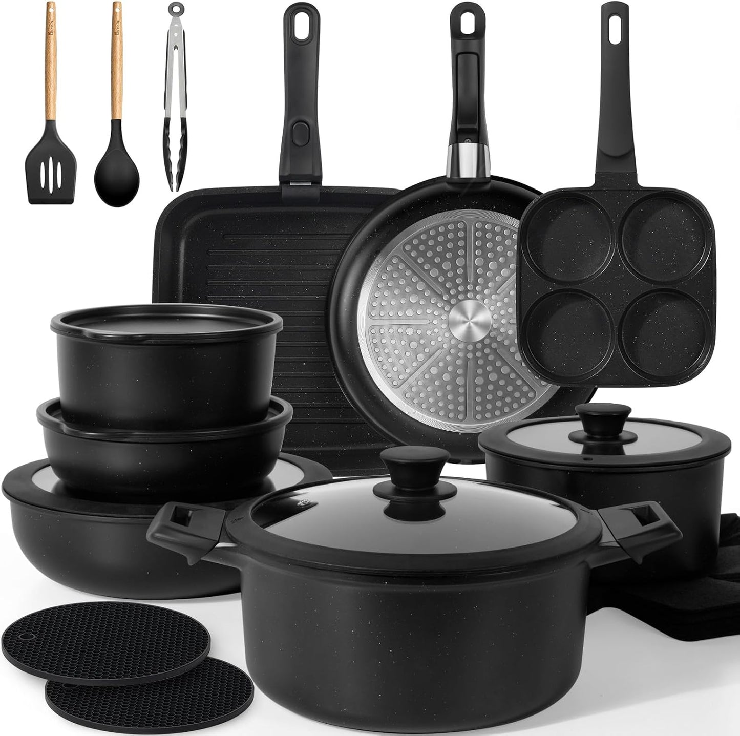 KIKCOIN Pots and Pans Set, 27 Pack Nonstick Cookware Set Detachable Handle, Induction RV Kitchen Cooking Set with Removable Handle, Frying Pans, Casserole - Dishwasher/Oven Safe, PFOA Free